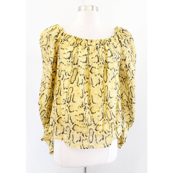 FRAME Off the Shoulder Billow Top in Python Size L Yellow Snakeskin Blouse - Picture 4 of 9